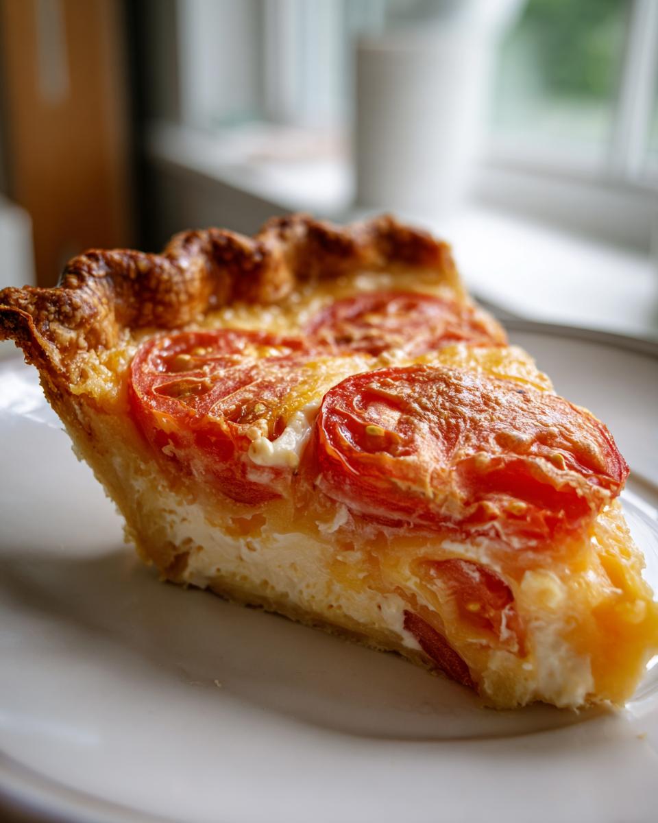 A slice of Southern tomato pie with flaky crust, creamy filling, and ripe tomato topping.