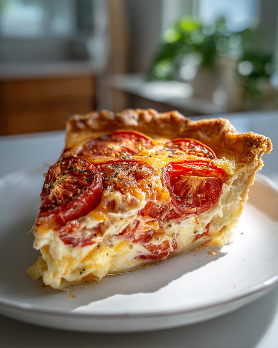 A delicious slice of Southern tomato pie with a flaky crust, juicy tomatoes, and creamy filling on a white plate.