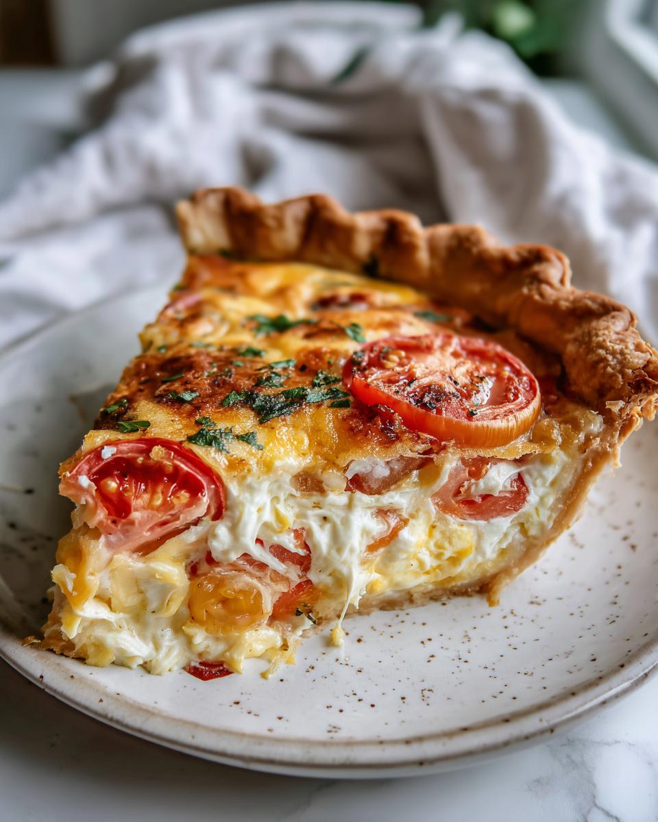 A delicious slice of Southern tomato pie with flaky crust, creamy filling, and ripe tomatoes on a plate.