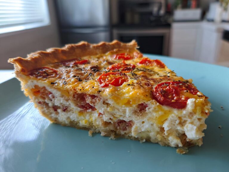 A delicious slice of Southern tomato pie with a flaky crust, creamy filling, and ripe tomatoes on a blue plate.