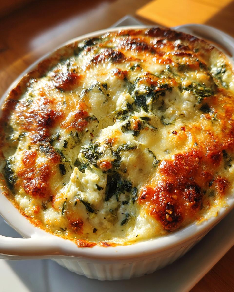 Close-up of a creamy Spinach Artichoke Dip in a white baking dish, showcasing the golden-brown cheesy topping.