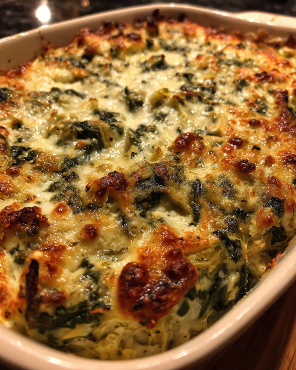 Close up of creamy Spinach Artichoke Dip in a baking dish, golden brown and bubbly.