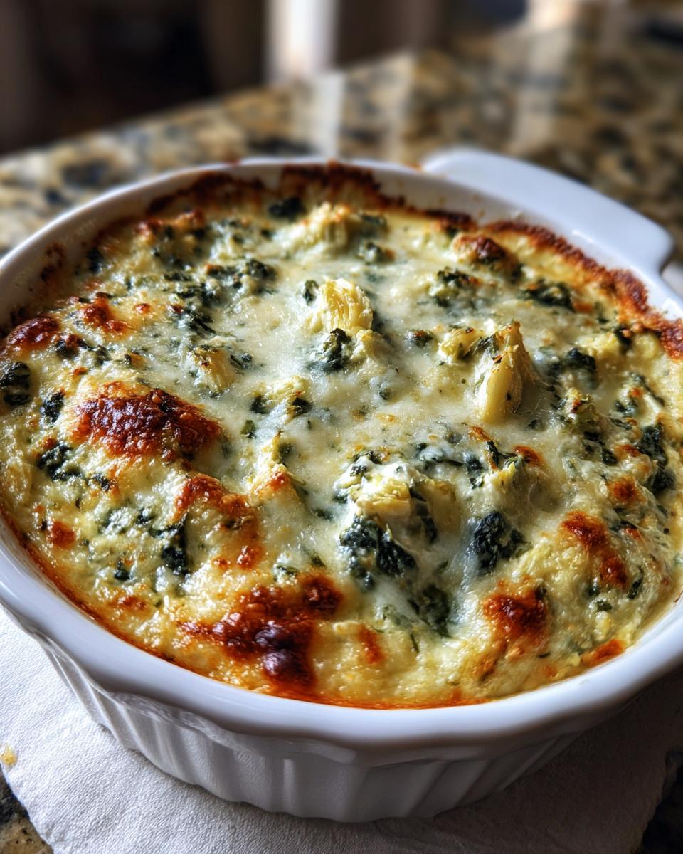 Close-up of creamy Spinach Artichoke Dip in a white baking dish, golden brown and bubbly.