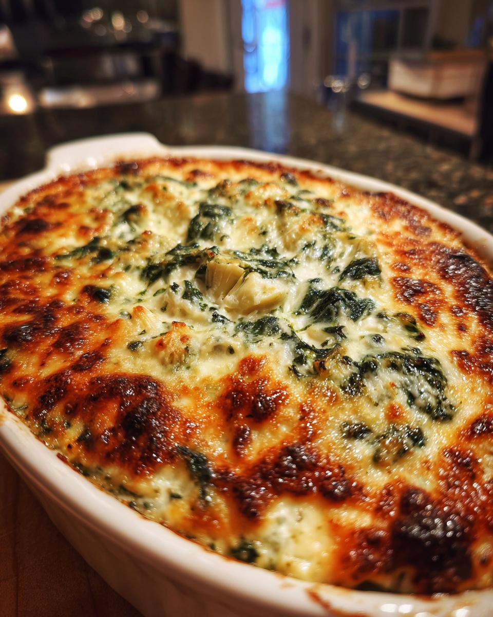 Close-up of baked Spinach Artichoke Dip in a white oval dish, showing a golden-brown cheesy crust.