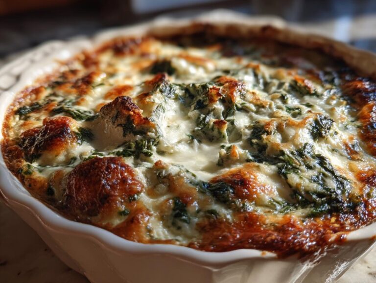 Close-up of a creamy, baked Spinach Artichoke Dip in a white ceramic dish with golden-brown top.