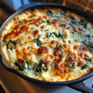 Close-up of creamy Spinach Artichoke Dip bubbling hot in a cast iron skillet, ready to serve.