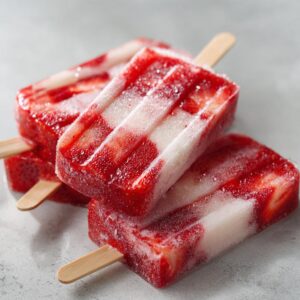 Three strawberry frozen margarita popsicles stacked on a gray surface, showing the red and white layers.