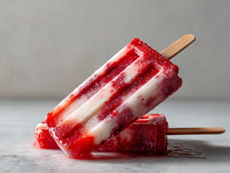 Two strawberry frozen margarita popsicles, one leaning on the other, showing layers of white and red.