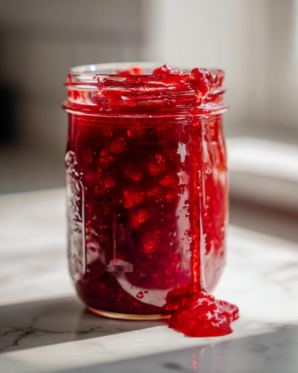 A jar of homemade strawberry jam with drips running down the side, showcasing its rich color and texture.
