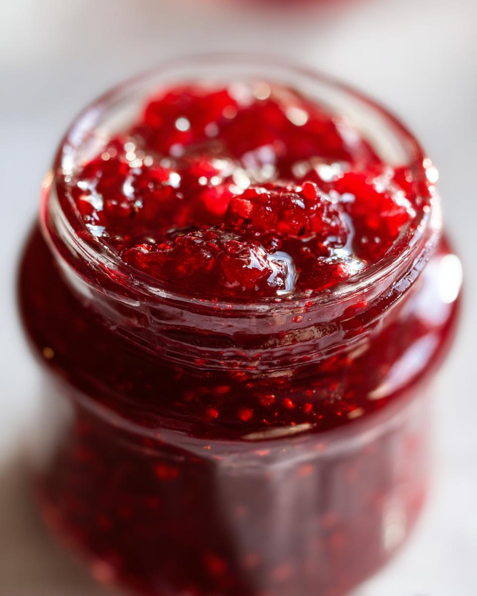 Close-up of a jar filled with vibrant red homemade strawberry jam, showcasing its thick texture.