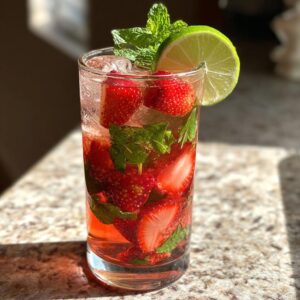 A glass filled with a refreshing Strawberry mint mojito mocktail, garnished with lime and mint.