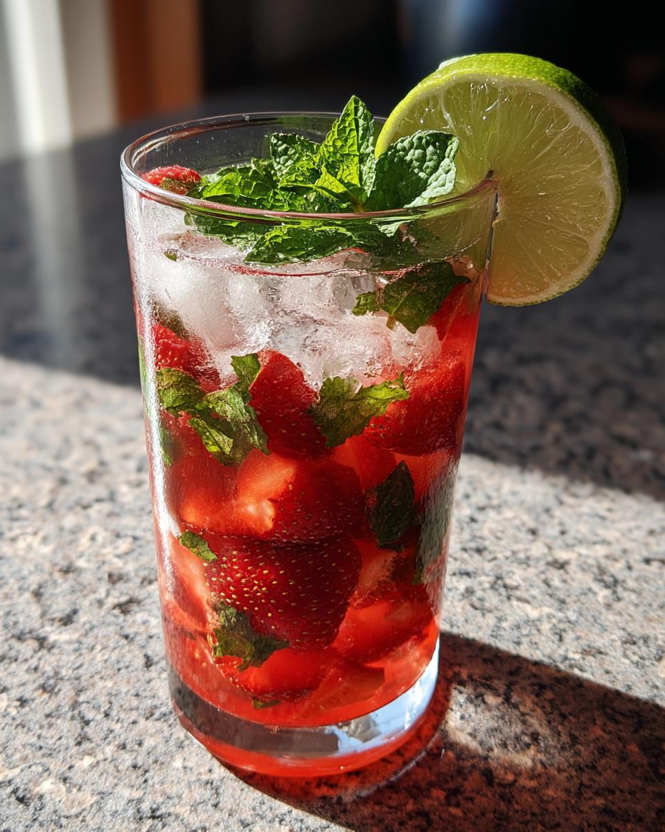 A vibrant strawberry mint mojito mocktail in a glass with ice, mint, strawberries, and a lime wedge.