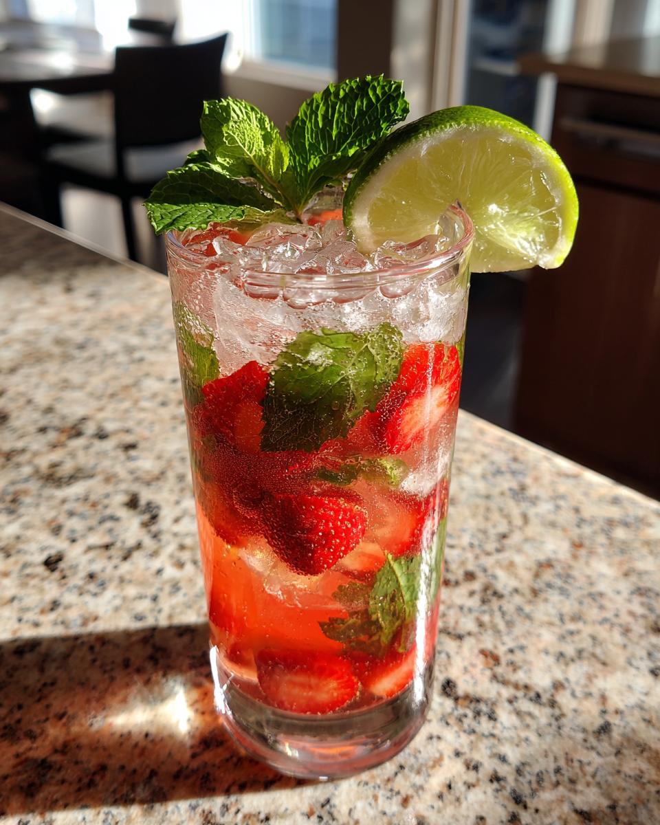 A vibrant Strawberry mint mojito mocktail in a glass with ice, strawberries, mint, and a lime wedge.