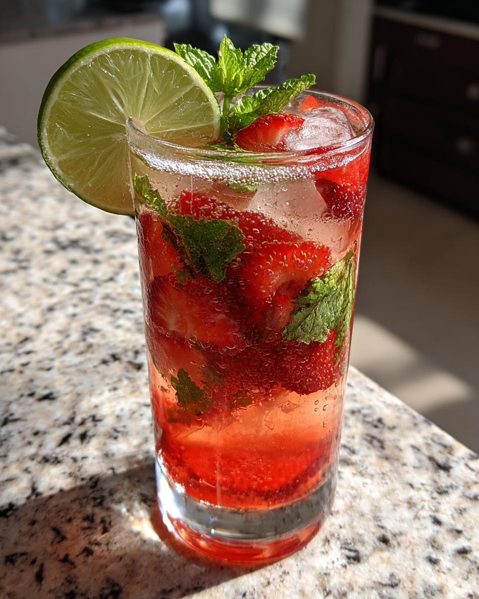 A vibrant strawberry mint mojito mocktail in a glass with ice, lime, and fresh mint.