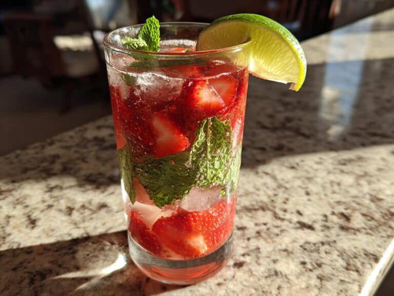 A vibrant Strawberry mint mojito mocktail with fresh strawberries, mint, lime, and ice.