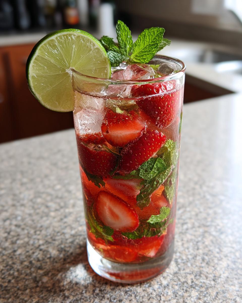 A vibrant Strawberry mint mojito mocktail in a glass with strawberries, mint, lime, and ice.