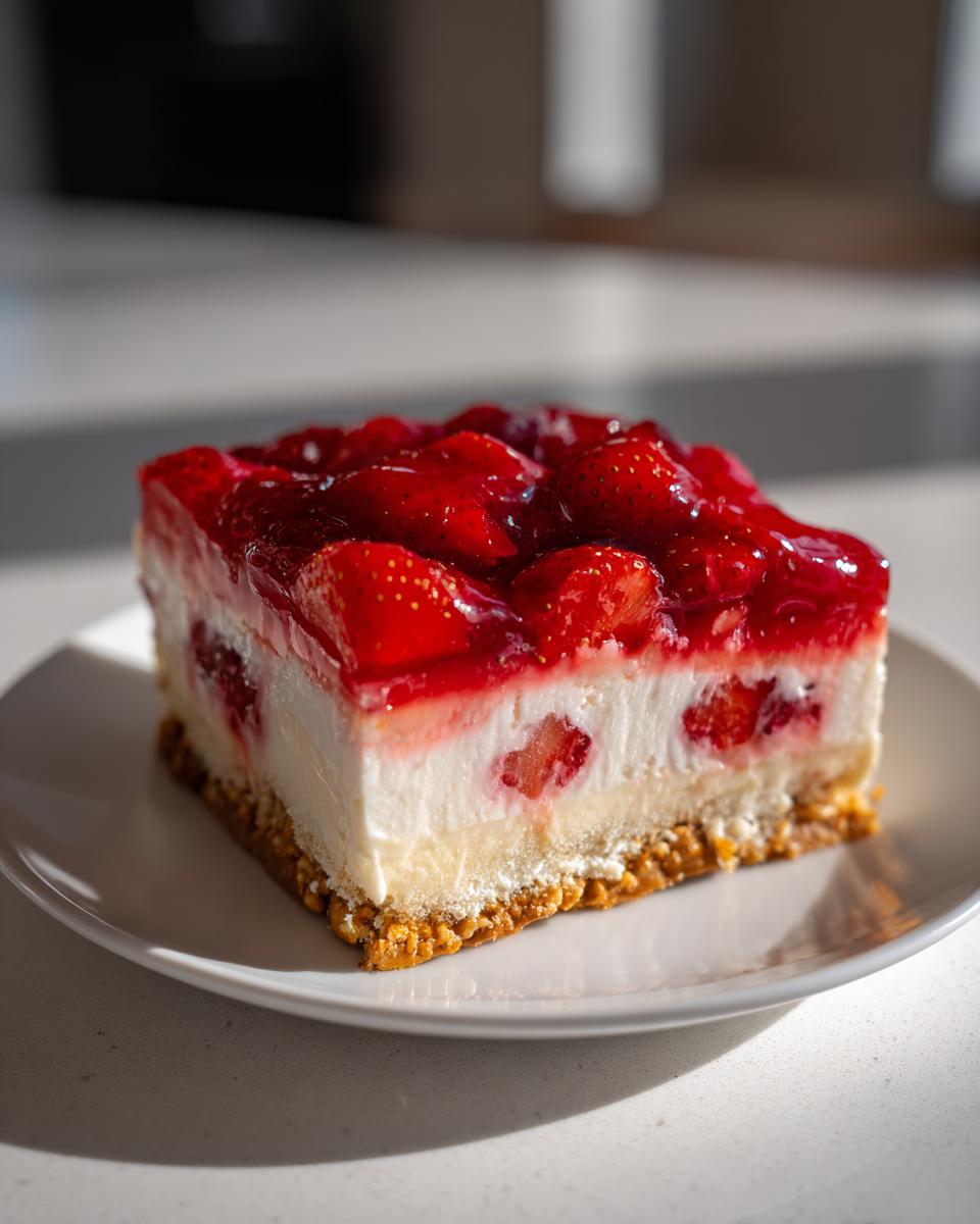 A slice of strawberry pretzel salad featuring layers of pretzel crust, cream cheese filling, and strawberry topping.