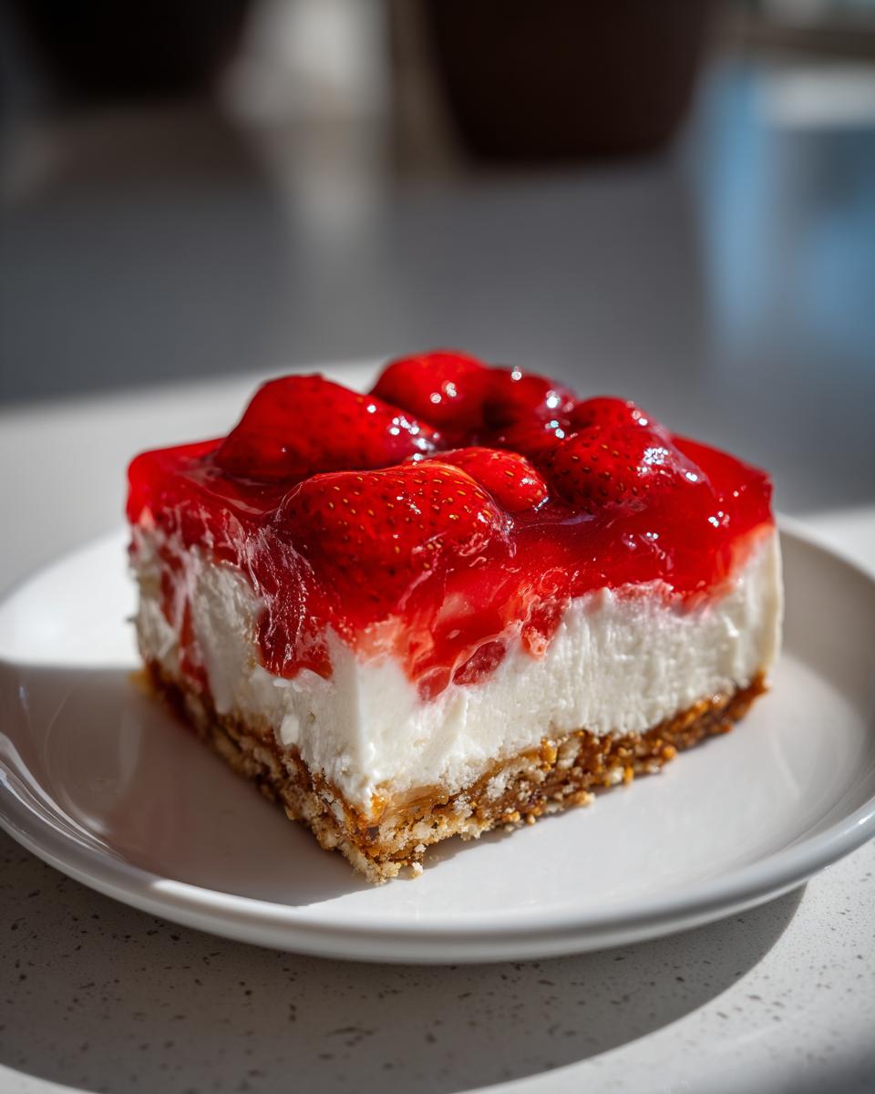 A slice of strawberry pretzel salad on a white plate, showcasing the pretzel crust, creamy filling, and strawberry topping.