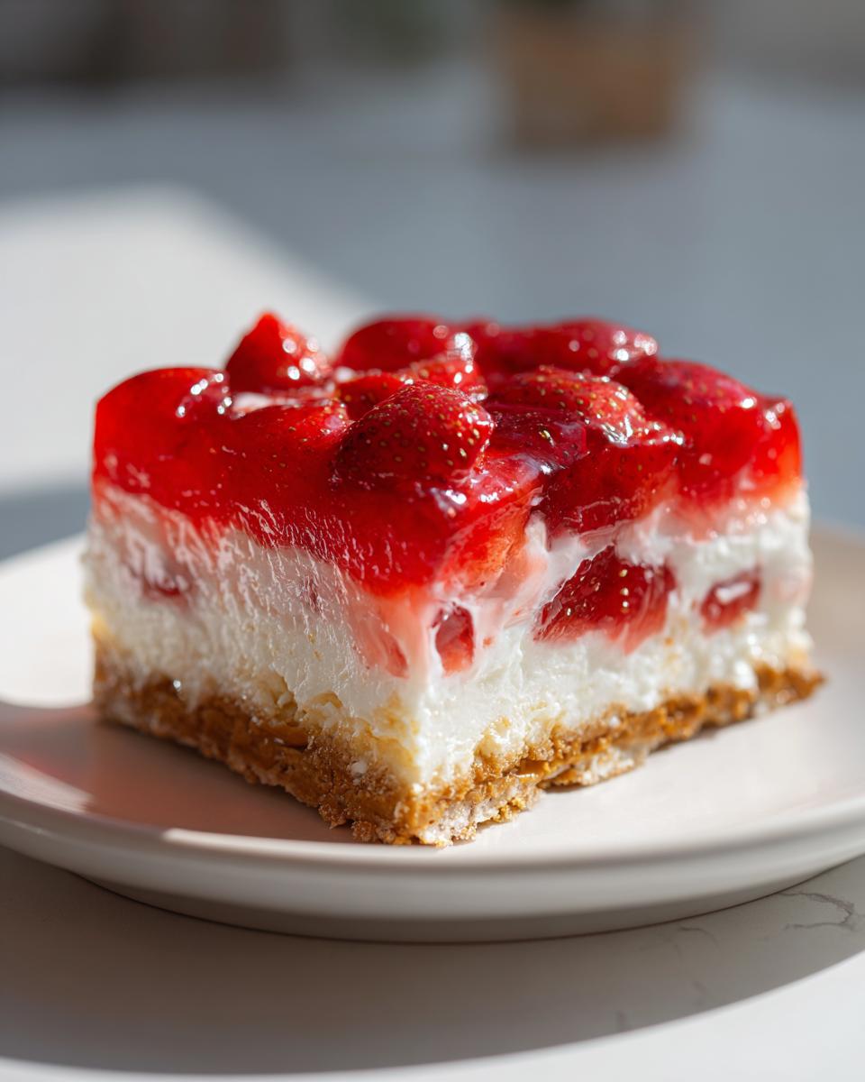 A slice of Strawberry pretzel salad featuring a pretzel crust, creamy filling, and strawberry topping.
