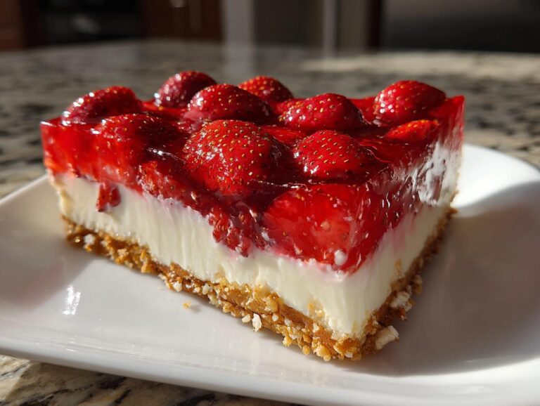 A delicious slice of Strawberry Pretzel Salad, featuring layers of pretzel crust, creamy filling, and strawberry topping.