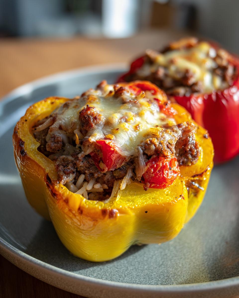 Two stuffed bell peppers, one yellow and one red, filled with meat, rice, and topped with melted cheese.
