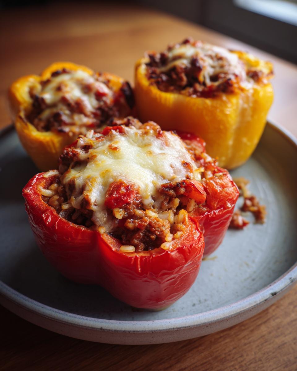 Three stuffed bell peppers, one red and two yellow, filled with meat and rice, topped with melted cheese.
