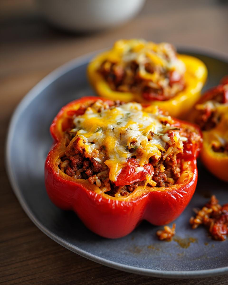 Three colorful stuffed bell peppers filled with rice, meat, and topped with melted cheese on a gray plate.