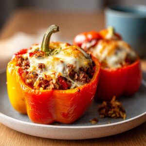 Two stuffed bell peppers, filled with meat and rice and topped with melted cheese, on a plate.