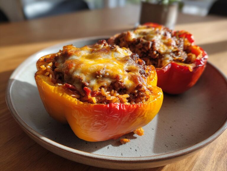 Two colorful stuffed bell peppers, filled with rice and meat, topped with melted cheese on a plate.