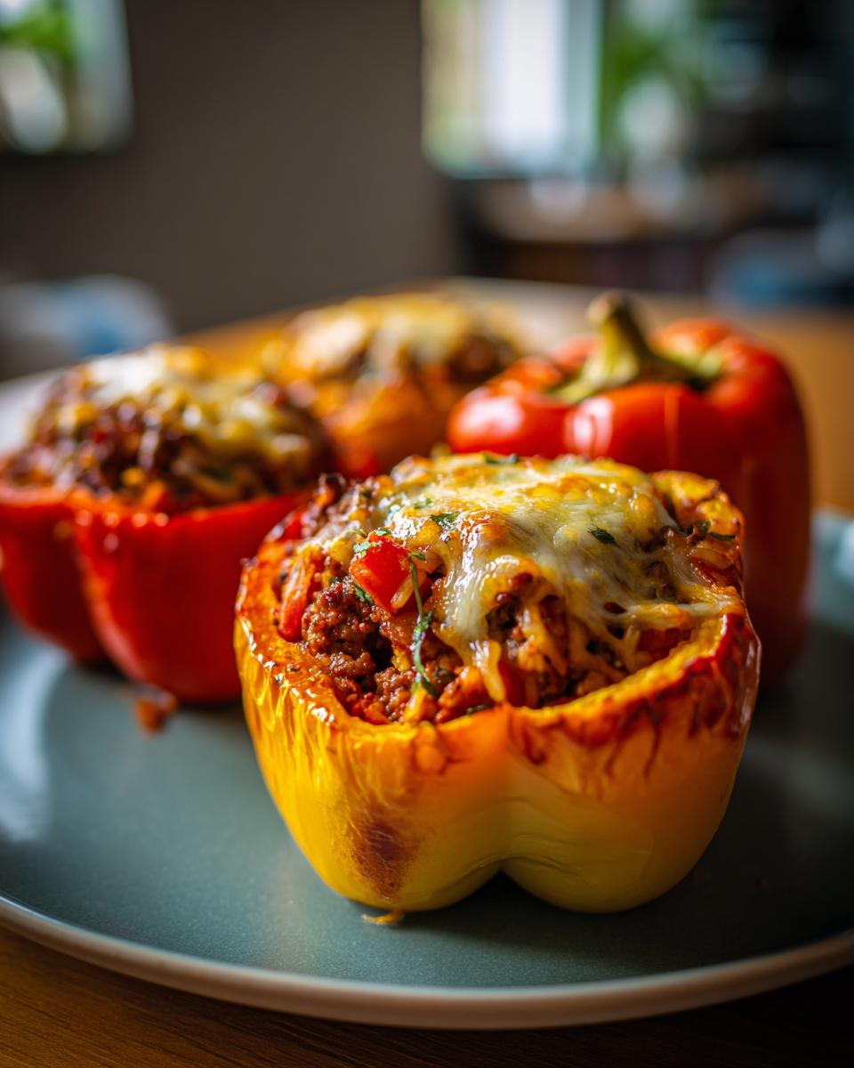 Three stuffed bell peppers, filled with meat and topped with melted cheese, on a plate.