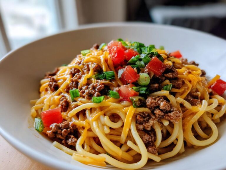 A bowl of taco spaghetti topped with ground beef, cheese, diced tomatoes, and green onions.