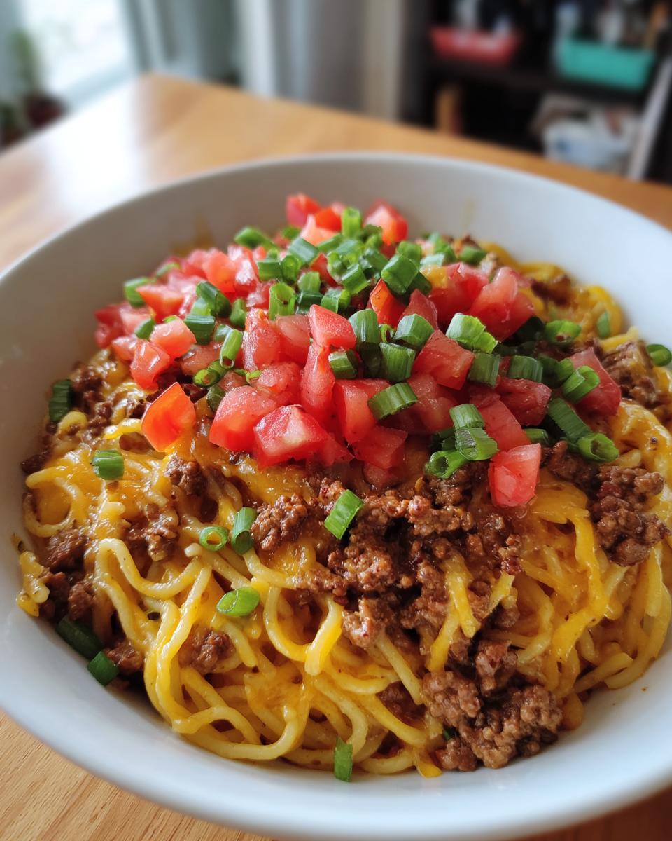 A bowl of taco spaghetti topped with ground beef, cheese, diced tomatoes, and green onions.