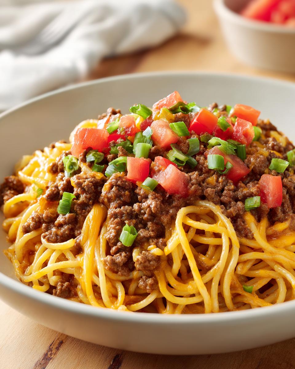 A delicious bowl of taco spaghetti topped with seasoned ground beef, diced tomatoes, and green onions.