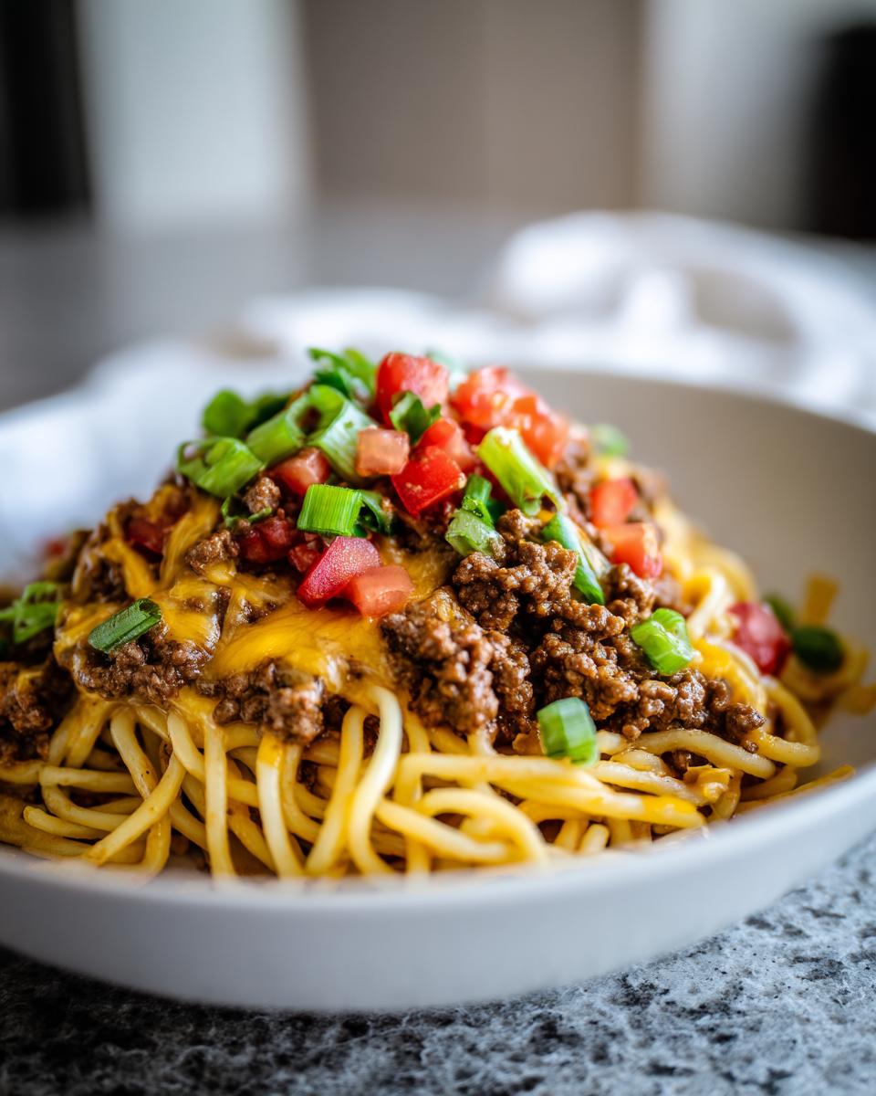 A bowl of taco spaghetti topped with ground beef, melted cheese, diced tomatoes, and green onions.