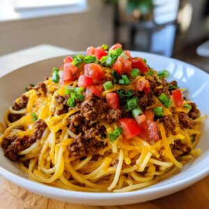 A bowl of taco spaghetti topped with seasoned ground beef, cheese, tomatoes, and green onions.