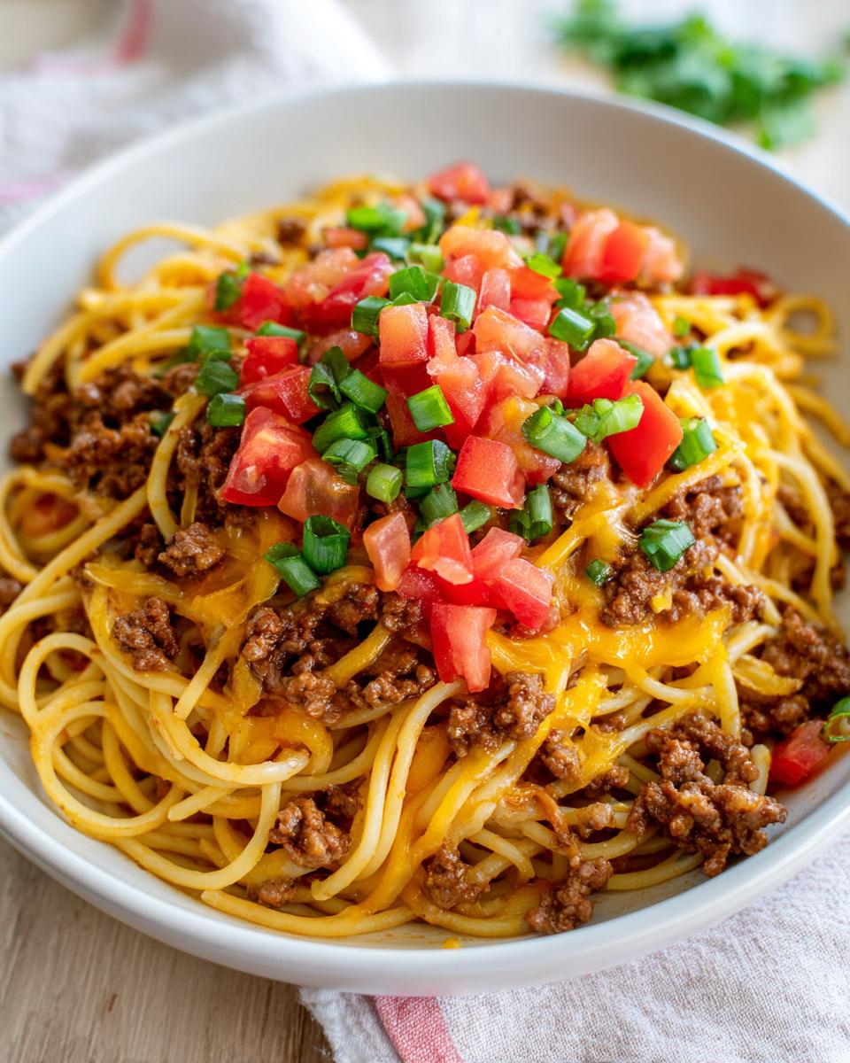 A bowl of taco spaghetti topped with ground beef, cheese, diced tomatoes, and green onions.