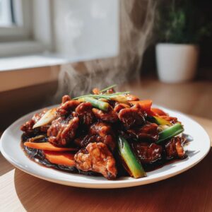 Steaming plate of teriyaki chicken stir fry with carrots, onions, and green onions.