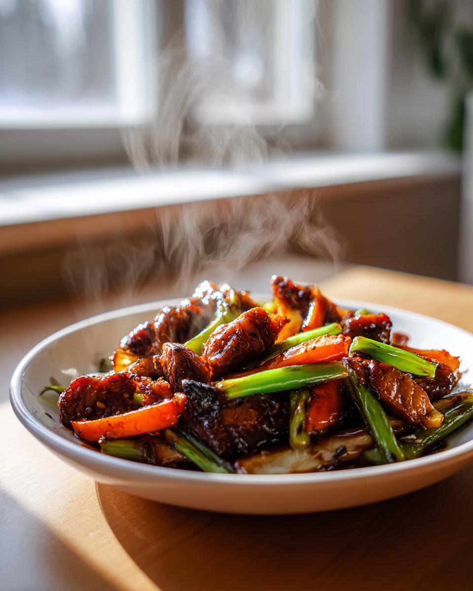 Steaming teriyaki chicken stir fry with peppers and green onions in a white bowl.