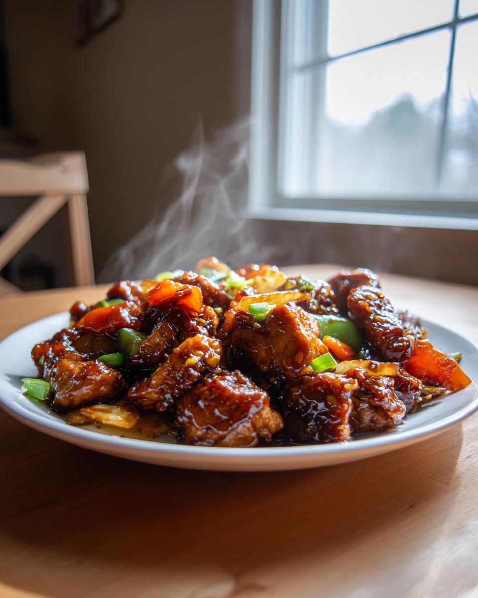 A steaming plate of Teriyaki chicken stir fry with colorful vegetables, ready to eat.