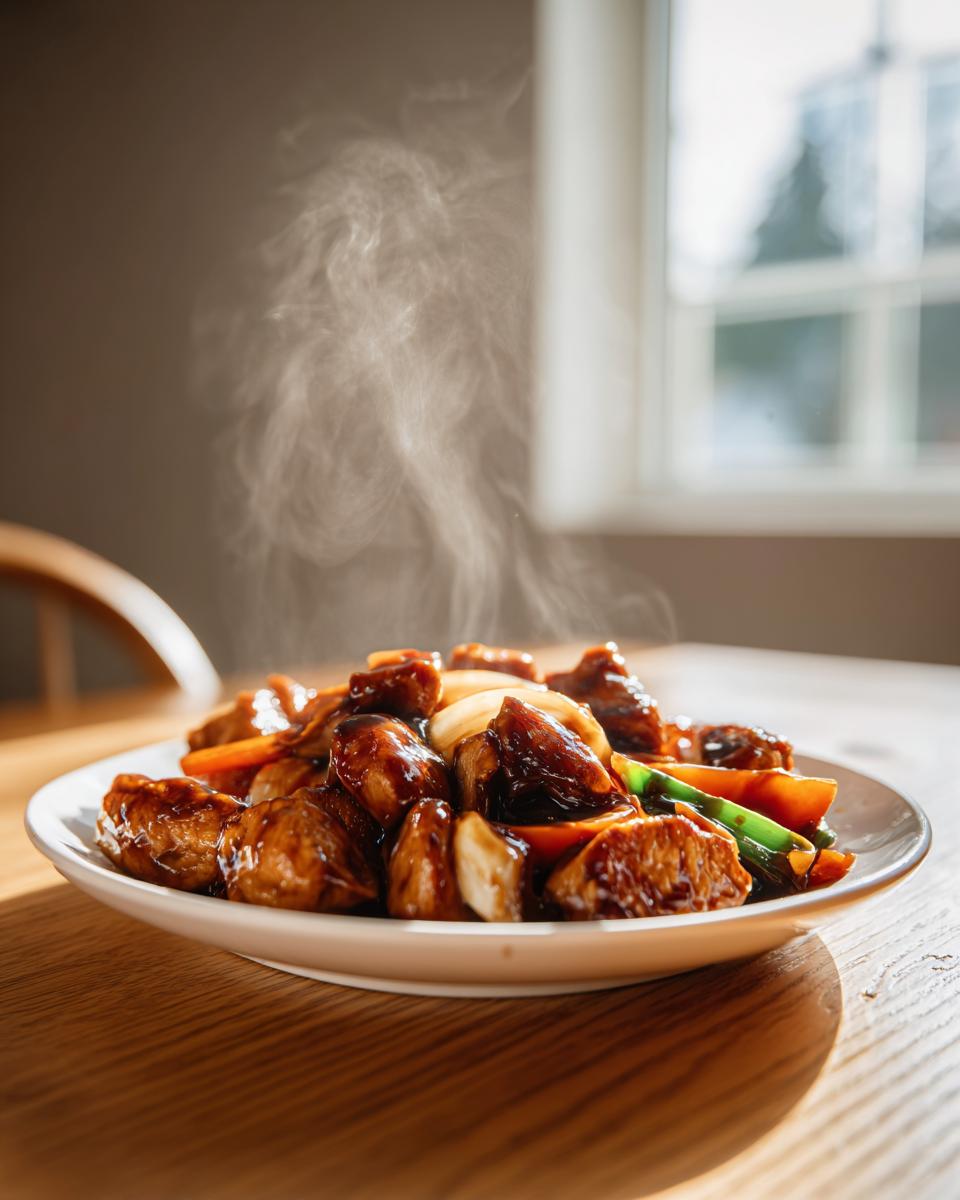 A plate of freshly made Teriyaki chicken stir fry with steam rising, featuring chicken, carrots, and snap peas.