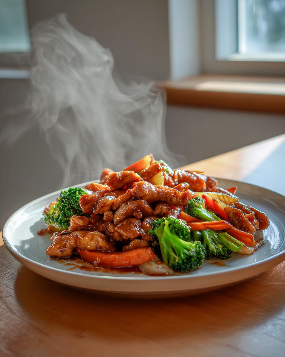 A plate of freshly made teriyaki chicken stir fry with broccoli, carrots, and onions, steaming and ready to eat.
