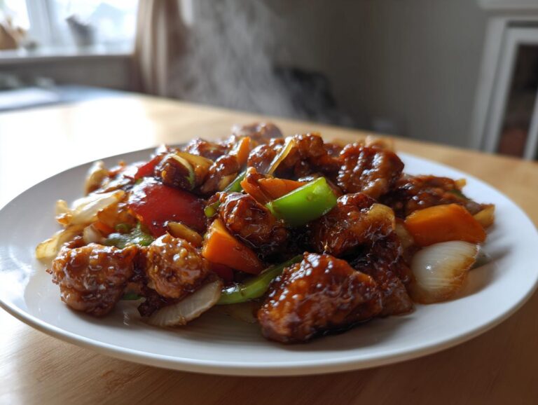 A plate of homemade Teriyaki chicken stir fry with colorful vegetables and a rich, glossy sauce.