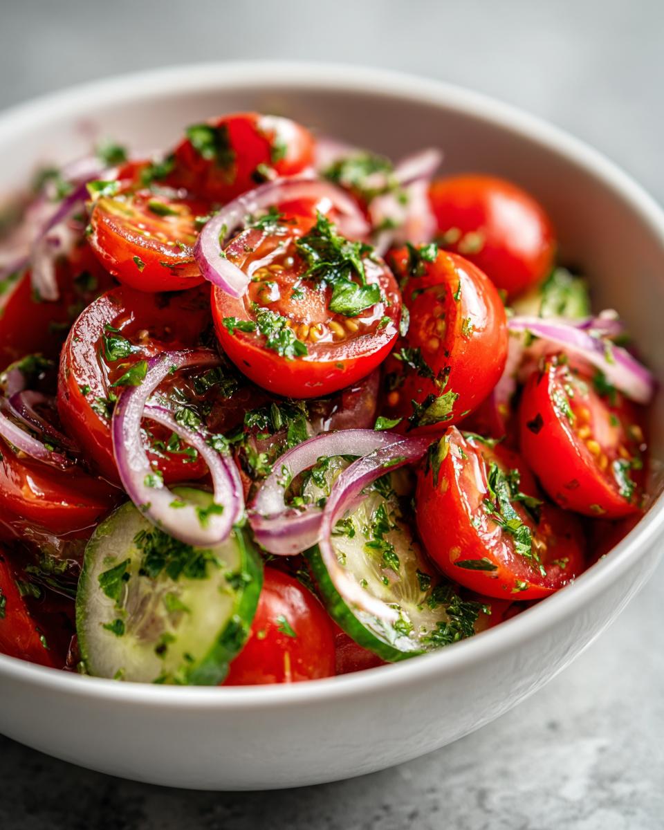 Close-up of a vibrant Tomato cucumber salad with red onions and fresh herbs in a white bowl.