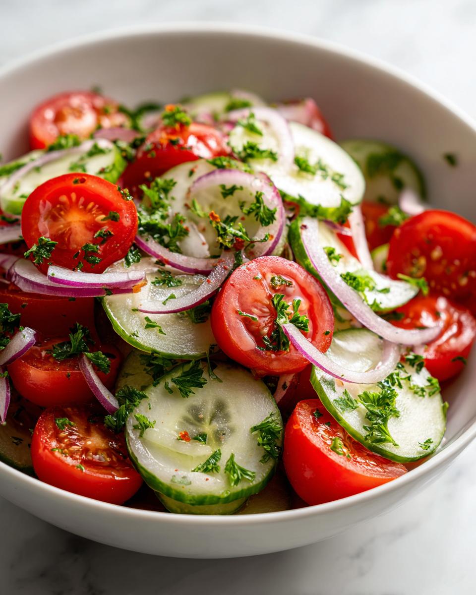 Close-up of a vibrant Tomato cucumber salad in a white bowl, featuring tomatoes, cucumbers, red onions, and fresh herbs.