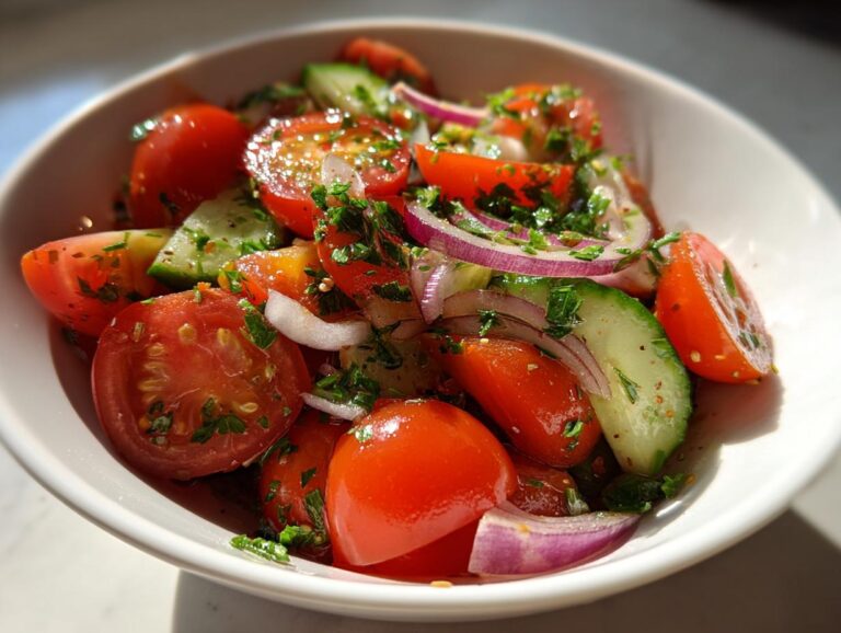 Close-up of a vibrant Tomato cucumber salad with red onion and herbs in a white bowl.
