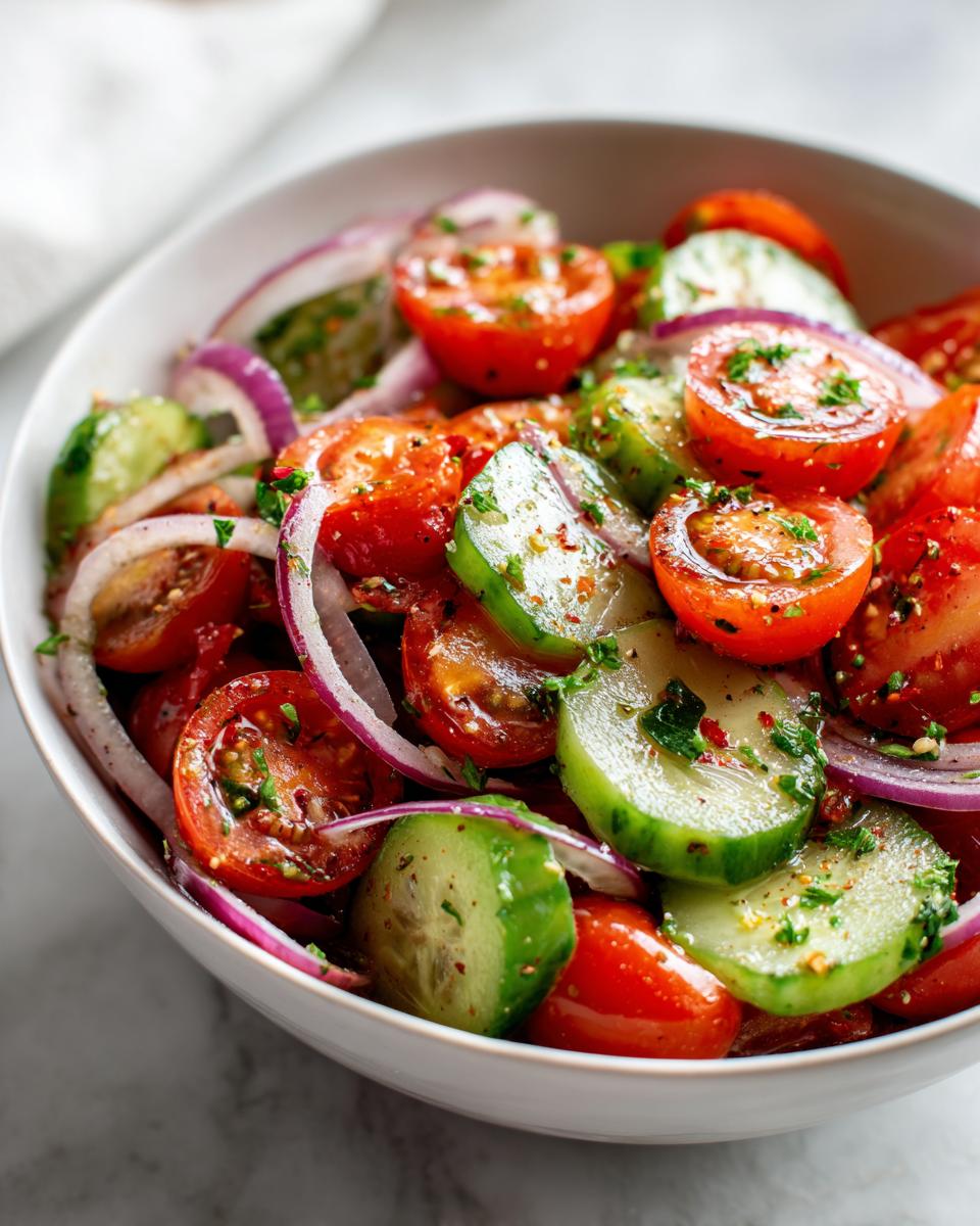 Close-up of a vibrant Tomato cucumber salad with red onion and herbs in a white bowl.