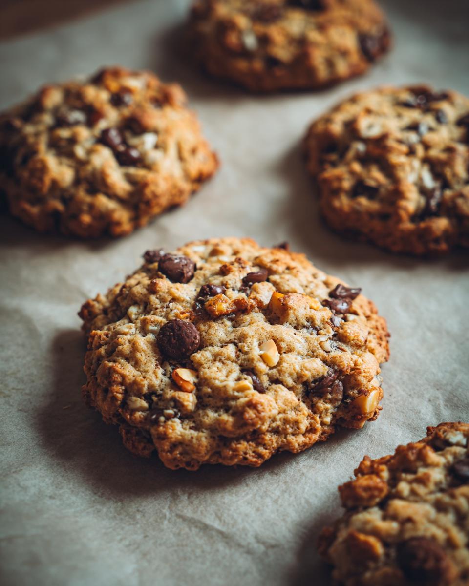 Several freshly baked trail mix cookies with chocolate chips and nuts on parchment paper.