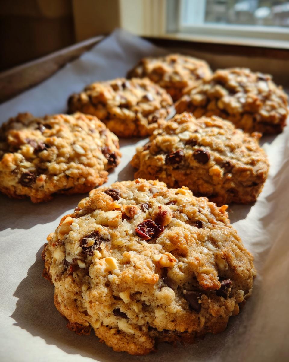 A batch of homemade trail mix cookies cooling on a baking sheet, ready to be enjoyed.