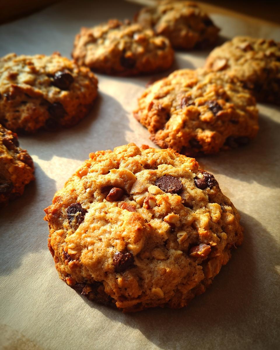 Close-up of homemade trail mix cookies with chocolate chips and nuts on a baking sheet, ready to eat.
