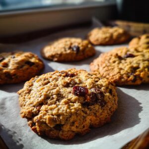 A batch of homemade trail mix cookies cooling on a baking sheet lined with parchment paper.